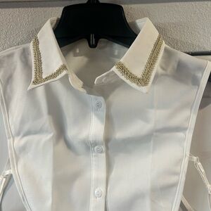 White Button-Up Collar with Gold Trim